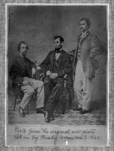 A digital image of photograph of John Nicolay, Abraham Lincoln and John Hay, circa 1861. Property of Sippican Historical Society