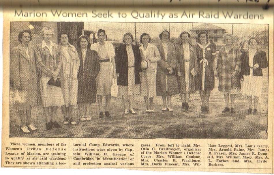 Newspaper clipping from the Sippican Historical Society archives listing the women who participated in Air Raid Warden training in 1941