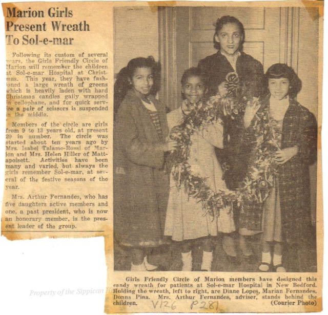 1957 newspaper article about the Marion Girls Friendly Circle from the Sippican Historical Society archives. The girls made a wreath to donate to Sol-e-Mar hospital in New Bedford