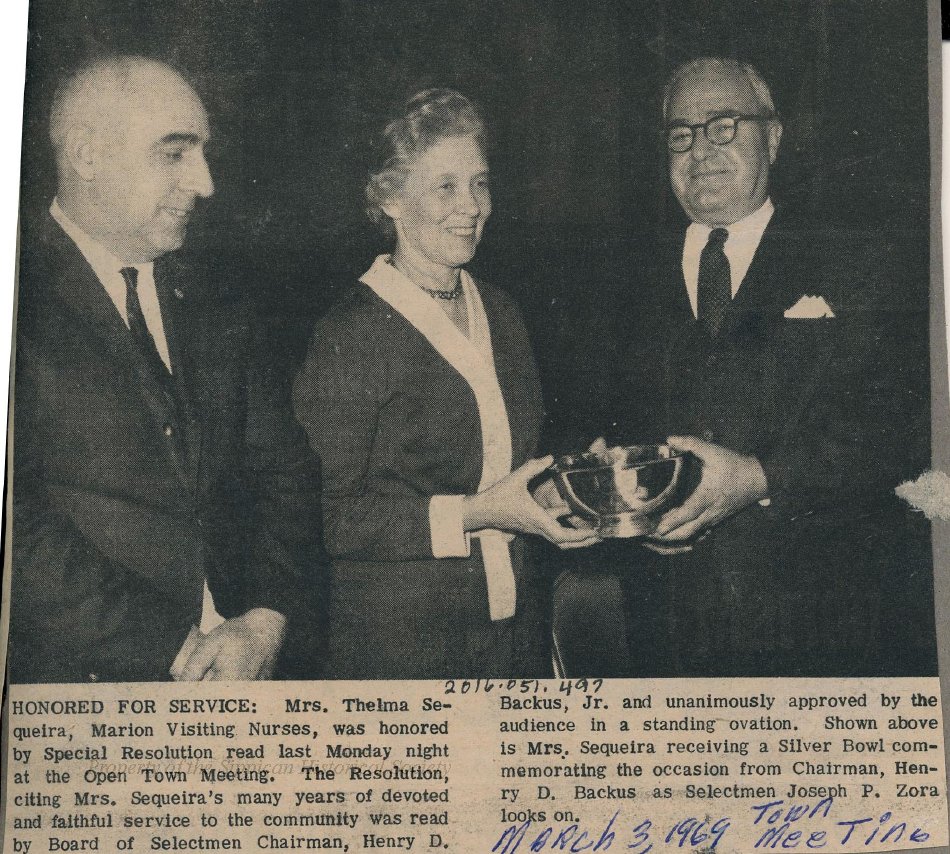 Thelma Sequeira honored by Marion, MA at Town Meeting in 1969. Photo from Sippican Historical Society archives