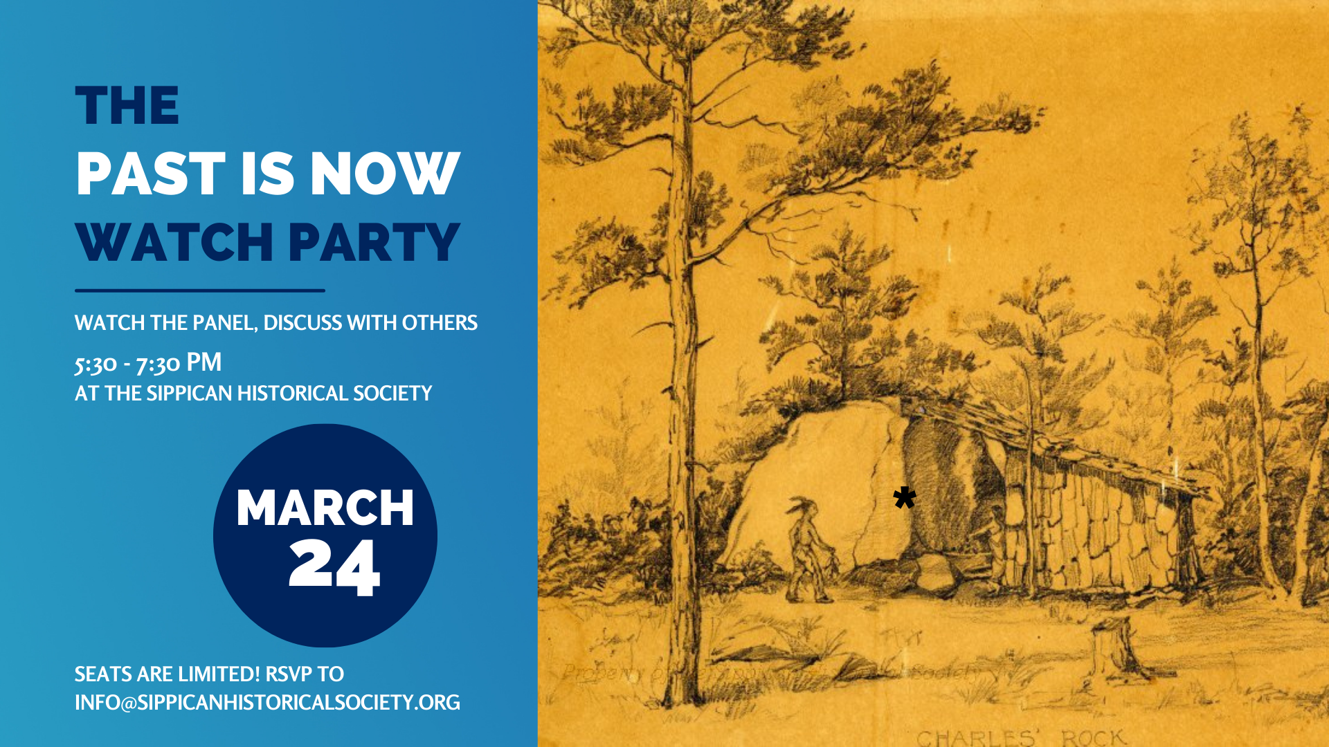 Announcement for March 24 Watch Part at Sippican Historical Society with drawing of Charles Rock from the archives